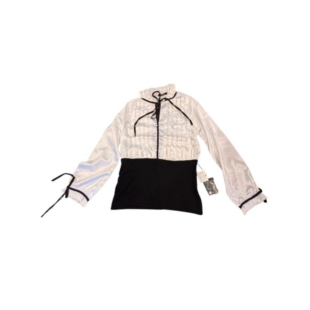 Dolce Cabo NWT-Black and White Pleated Ruffle Neck Tie Blouse Long Sleeve-‎ m